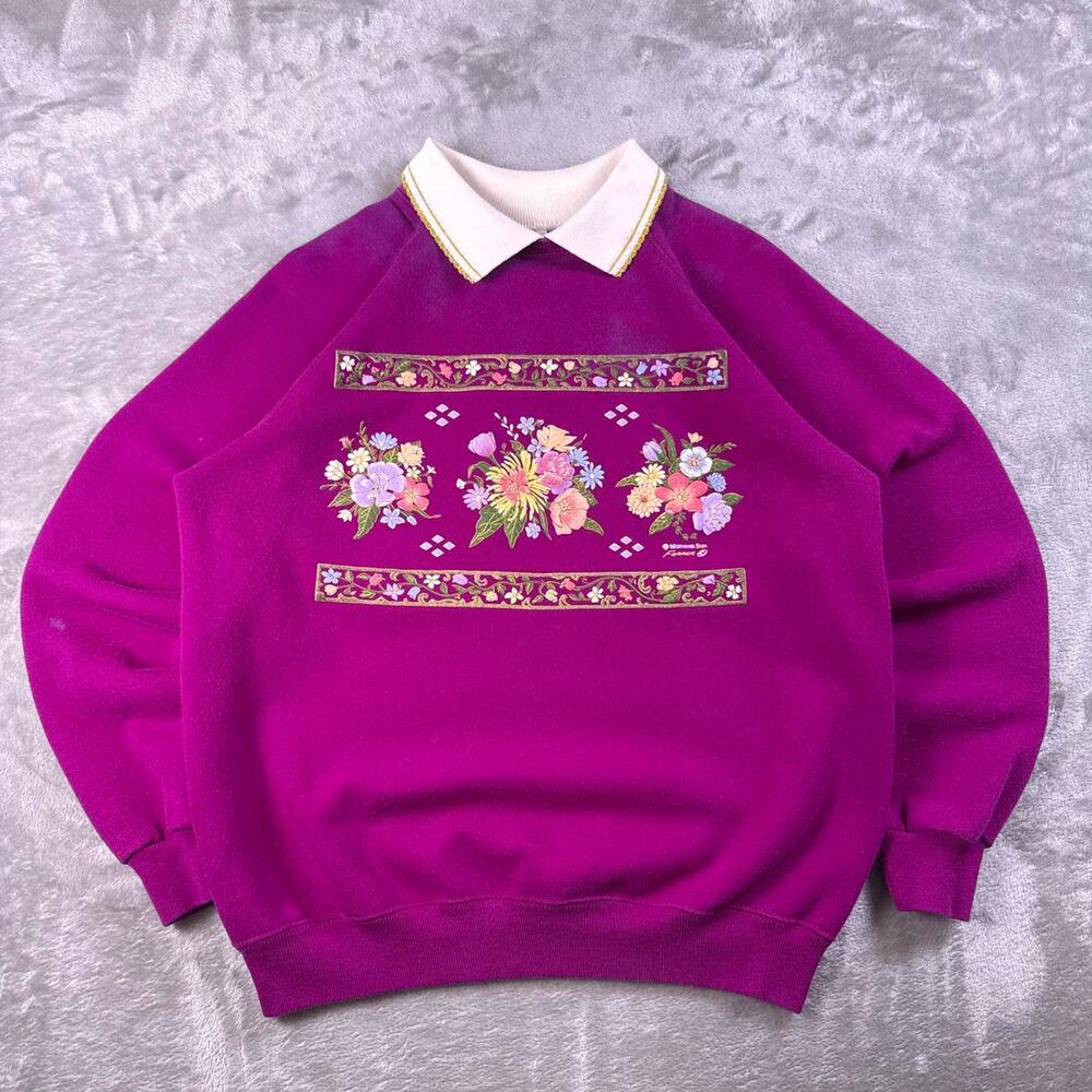 Vintage Morning Sun Sweatshirt Womens Large Purple Floral Collared Made in USA